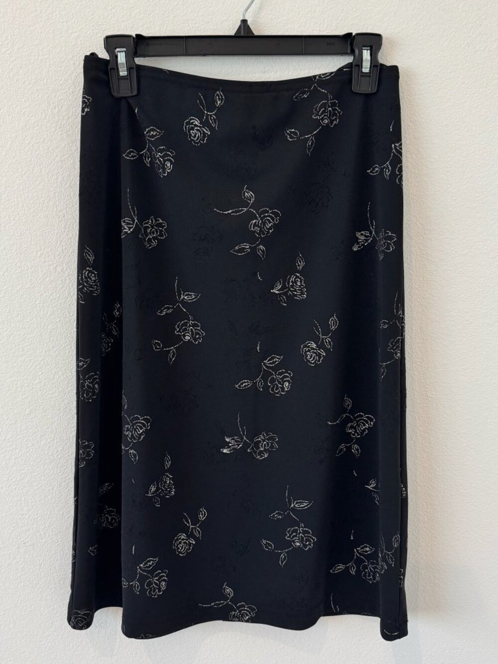 Vintage Wrapper Black and Silver Floral Knee Length Skirt